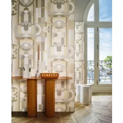   Casamance Faubourg Des Lumiéres vlies anyagú, fehér, keki, sárga, szürke, beige színű, art deco, geometriai, Modern tapéta