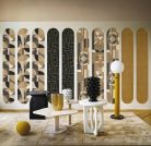 Casamance Faubourg Des Lumiéres vlies anyagú, fehér, keki, arany, szürke, fekete, barna színű, art deco, geometriai, Modern tapéta