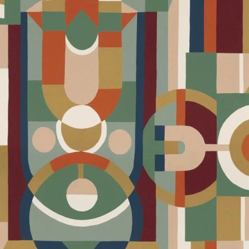 Casamance Faubourg Des Lumiéres vlies anyagú, kék, zöld, barna, arany, fehér, bordó színű, art deco, geometriai, Modern tapéta