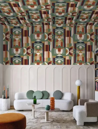 Casamance Faubourg Des Lumiéres vlies anyagú, kék, zöld, barna, arany, fehér, bordó színű, art deco, geometriai, Modern tapéta
