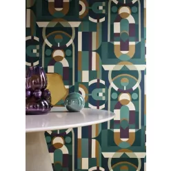   Casamance Faubourg Des Lumiéres vlies anyagú, zöld, beige, arany, lila, kék színű, art deco, geometriai, Modern tapéta