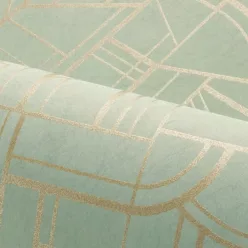  Casamance Faubourg Des Lumiéres vlies anyagú, zöld, arany színű, art deco, geometriai, Modern tapéta