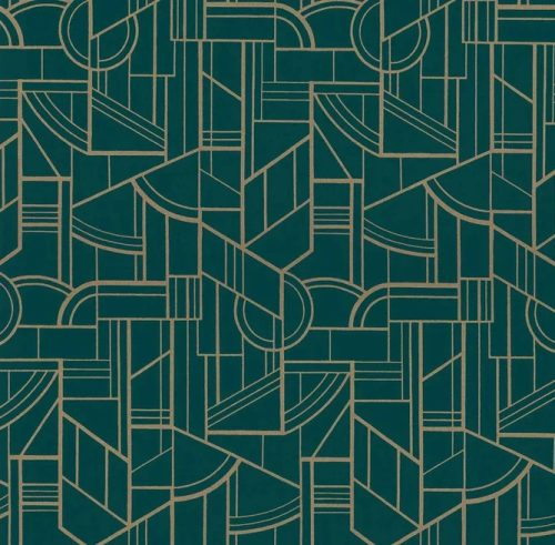 Casamance Faubourg Des Lumiéres vlies anyagú, zöld, arany színű, art deco, geometriai, Modern tapéta
