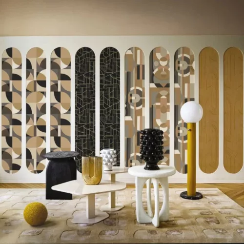 Casamance Faubourg Des Lumiéres vlies anyagú, fekete, arany színű, art deco, geometriai, Modern tapéta