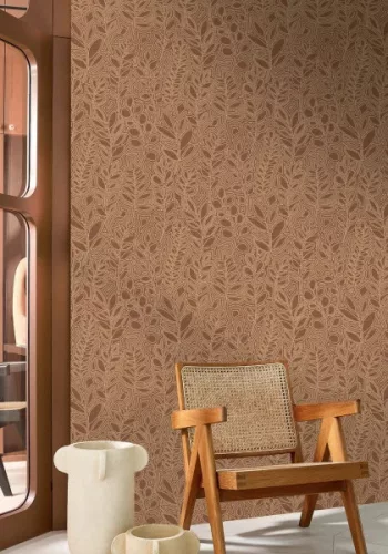 Casamance Palmadora vinyl, vlies anyagú, beige, terrakotta színű, leveles, textilhatású, Modern tapéta