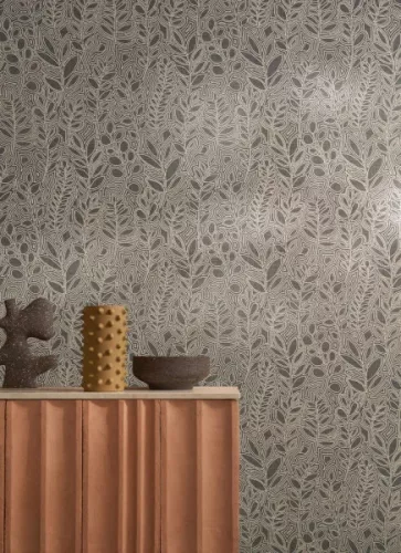 Casamance Palmadora vinyl, vlies anyagú, szürke, beige színű, leveles, textilhatású, Modern tapéta