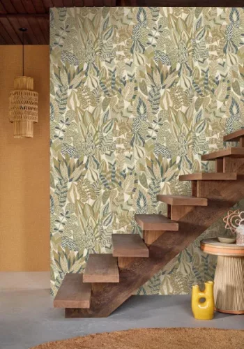 Casamance Palmadora vinyl, vlies anyagú, fehér, beige, kék, zöld színű, leveles, textilhatású, Modern tapéta