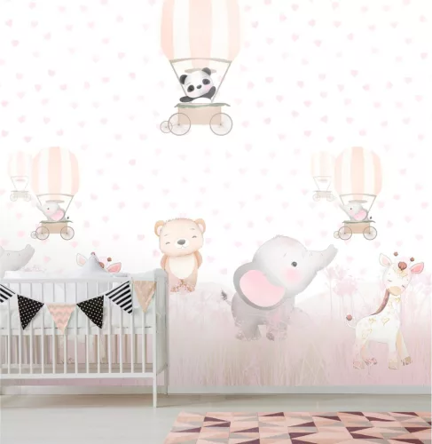Decoprint Cute Walls vlies anyagú, beige, rózsaszín, szürke, törtfehér, fekete színű, légballonos, állatos, szivecskés, Gyerek poszter