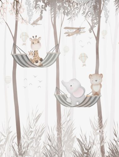 Decoprint Cute Walls vlies anyagú, barna, szürke, törtfehér színű, légballonos, fás, állatos, repülős, Gyerek poszter