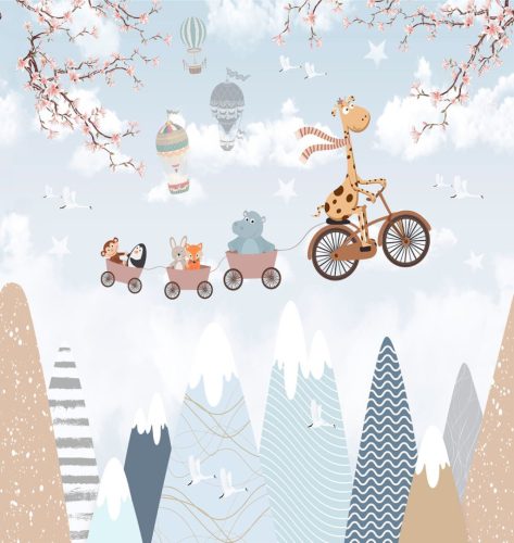 Decoprint Cute Walls vlies anyagú, kék, barna, szürke, fehér színű, hegyvidék, állatos, légballonos, madaras, Gyerek poszter