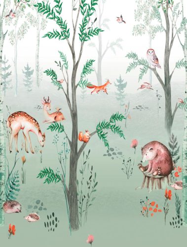 Decoprint Cute Walls vlies anyagú, zöld, szürke, barna színű, fás, állatos, Gyerek poszter