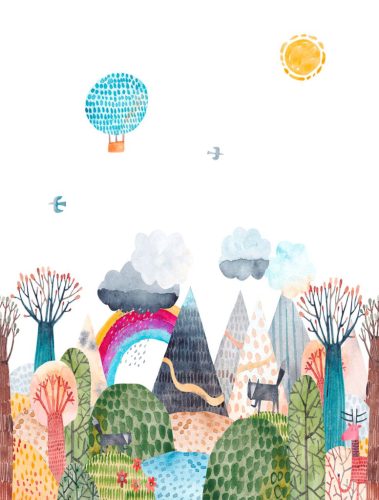Decoprint Cute Walls vlies anyagú, fehér, kék, zöld, barna, sárga, piros színű, légballonos, szivárvány, felhős, fás, állatos, Gyerek poszter