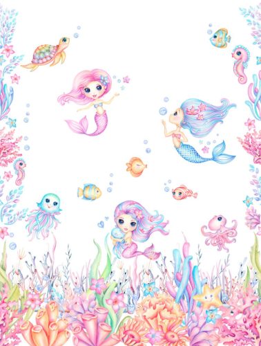 Decoprint Cute Walls vlies anyagú, fehér, kék, rózsaszín, zöld, narancssárga színű, halas, sellő, tenger, Gyerek poszter
