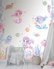 Decoprint Cute Walls vlies anyagú, fehér, kék, rózsaszín, zöld, narancssárga színű, halas, sellő, tenger, Gyerek poszter
