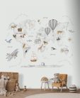 Decoprint Cute Walls vlies anyagú, kék, beige, barna, törtfehér színű, térkép, feliratos, légballonos, állatos, Gyerek poszter