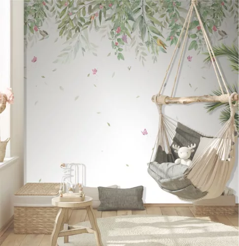 Decoprint Cute Walls vlies anyagú, fehér, zöld, sárga, rózsaszín színű, leveles, madaras, Gyerek poszter