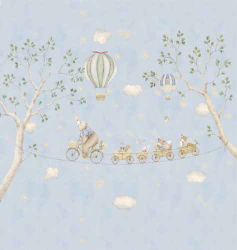 Decoprint Cute Walls vlies anyagú, barna, kék, zöld, fehér színű, légballonos, állatos, ágas , Gyerek poszter