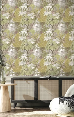 Cristiana Masi Botany House vlies anyagú, barna, zöld, szürke, arany színű, fás, leveles, Modern tapéta