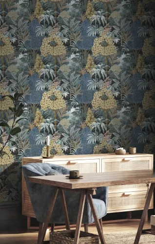 Cristiana Masi Botany House vlies anyagú, kék, barna, sárga színű, fás, leveles, Modern tapéta