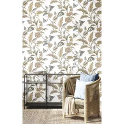  Cristiana Masi Botany House vlies anyagú, fehér, barna, kék színű, állatos, leveles, Modern tapéta