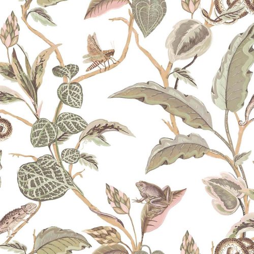 Cristiana Masi Botany House vlies anyagú, fehér, zöld, barna, mályva színű, állatos, leveles, Modern tapéta