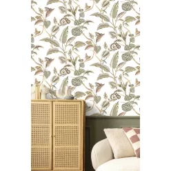   Cristiana Masi Botany House vlies anyagú, fehér, zöld, barna, mályva színű, állatos, leveles, Modern tapéta
