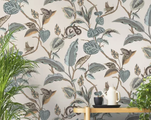 Cristiana Masi Botany House vlies anyagú, beige, barna, türkiz színű, állatos, leveles, Modern tapéta