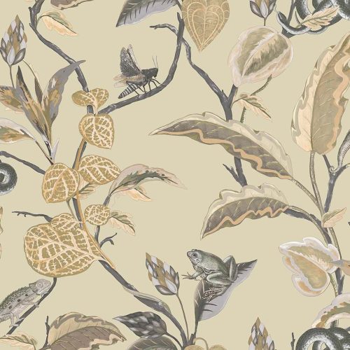 Cristiana Masi Botany House vlies anyagú, szürke, barna, zöld színű, állatos, leveles, Modern tapéta
