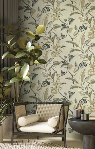 Cristiana Masi Botany House vlies anyagú, szürke, barna, zöld színű, állatos, leveles, Modern tapéta