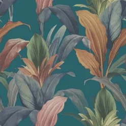   Cristiana Masi Botany House vlies anyagú, kék, zöld, rózsaszín, arany színű, leveles, Modern tapéta