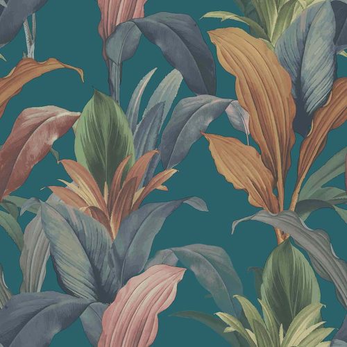 Cristiana Masi Botany House vlies anyagú, kék, zöld, rózsaszín, arany színű, leveles, Modern tapéta