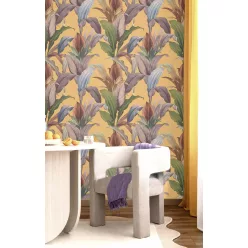   Cristiana Masi Botany House vlies anyagú, mustársárga, lila, kék, zöld színű, leveles, Modern tapéta