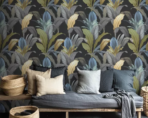 Cristiana Masi Botany House vlies anyagú, fekete, zöld, kék, szürke, barna színű, leveles, Modern tapéta