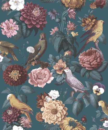 Cristiana Masi Botany House vlies anyagú, bordó, mályva, kék, sárga színű, madaras, virágos, Modern tapéta