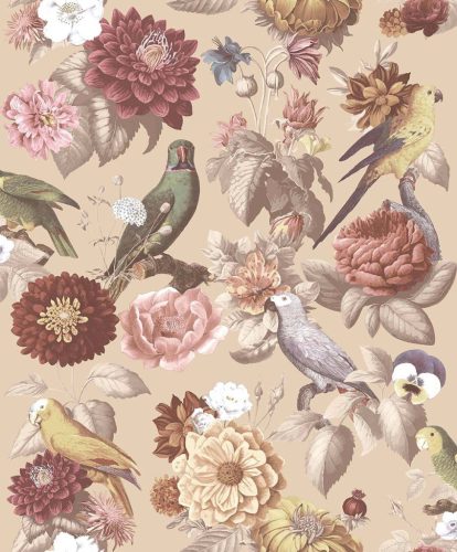 Cristiana Masi Botany House vlies anyagú, beige, zöld, bordó, sárga színű, madaras, virágos, Modern tapéta
