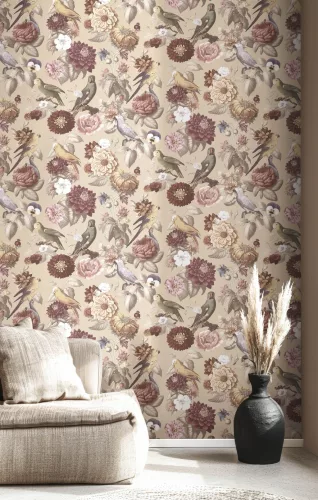 Cristiana Masi Botany House vlies anyagú, beige, zöld, bordó, sárga színű, madaras, virágos, Modern tapéta