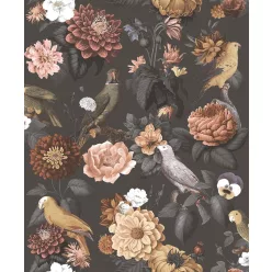   Cristiana Masi Botany House vlies anyagú, fekete, zöld, rózsaszín, barack színű, madaras, virágos, Modern tapéta