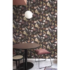   Cristiana Masi Botany House vlies anyagú, fekete, zöld, rózsaszín, barack színű, madaras, virágos, Modern tapéta