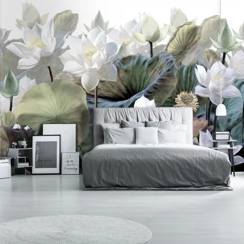 WallVision Consalnet Poszter modern fehér, zöld, lilaszínű, vlies virágos, leveles