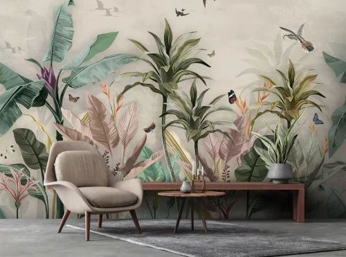 WallVision Consalnet Poszter modern beige, zöld, lila, barnaszínű, vlies növényes, madaras
