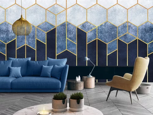 WallVision Consalnet Poszter modern arany, kék, fehérszínű, vlies geometriai, sejtminta