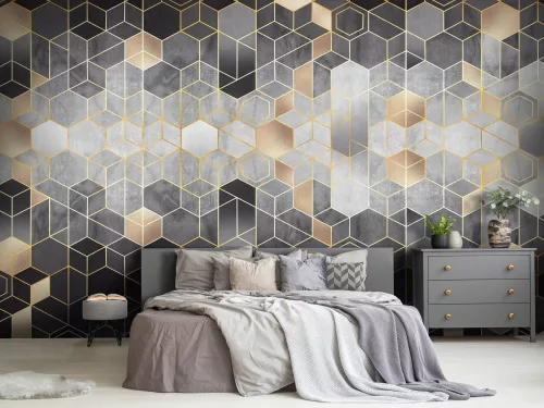 WallVision Consalnet Poszter modern fekete, arany, szürkeszínű, vlies geometriai, sejtminta