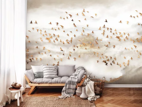 WallVision Consalnet Poszter modern beige, fehér, aranyszínű, vlies hegyvidék, madaras