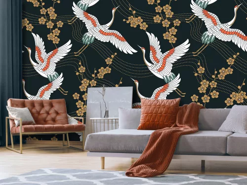 WallVision Consalnet Poszter vintage zöld, narancssárga, fehér, barnaszínű, vlies virágos, madaras