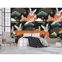  WallVision Consalnet Poszter vintage zöld, narancssárga, fehér, barnaszínű, vlies madaras, felhős