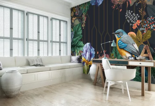 WallVision Consalnet Poszter modern fekete, zöld, lila, korall, kék, barna, narancsárgaszínű, vlies virágos, madaras
