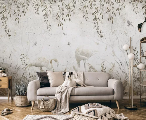 WallVision Consalnet Poszter modern zöld, szürke, beige, barnaszínű, vlies növényes, madaras