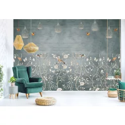   WallVision Consalnet Poszter modern türkiz, beige, narancssárgaszínű, vlies növényes, madaras, kalitkás