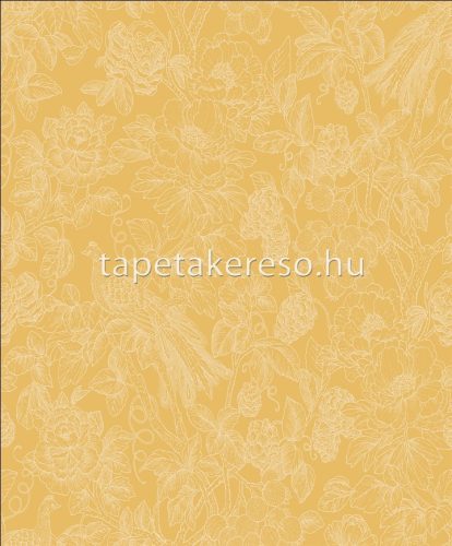 Casadeco Delicacy vlies anyagú mustársárga, ezüst színű madaras, leveles, virágos modern tapéta