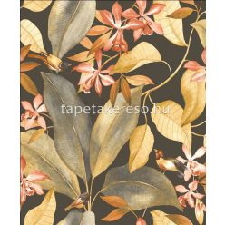   Casadeco Delicacy vlies anyagú fekete, narancssárga, okker színű madaras, leveles, virágos modern tapéta